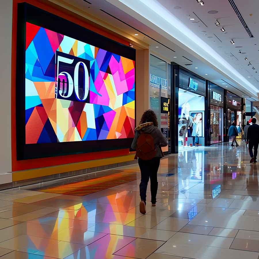 una persona pasa sobre una pantalla led dentro de un centro comercial