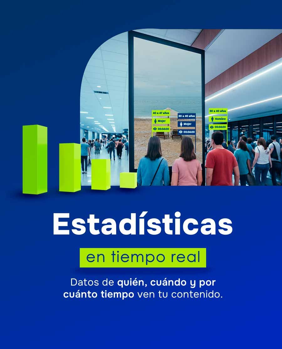 Personas ven una señalización digital en un aeropuerto, se ve en ellos cuánto tiempo vieron la pantalla, edad y género.